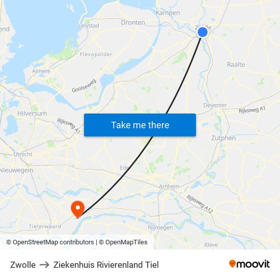 Zwolle to Ziekenhuis Rivierenland Tiel map
