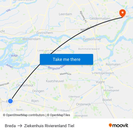 Breda to Ziekenhuis Rivierenland Tiel map