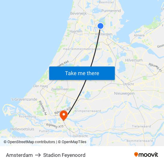 Amsterdam to Stadion Feyenoord map