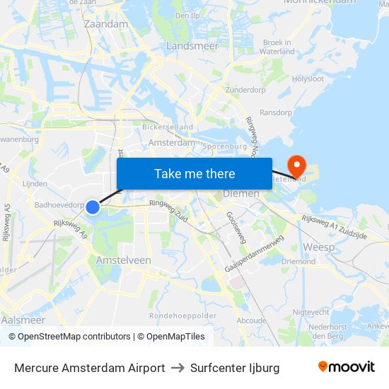 Mercure Amsterdam Airport to Surfcenter Ijburg map