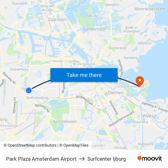 Park Plaza Amsterdam Airport to Surfcenter Ijburg map