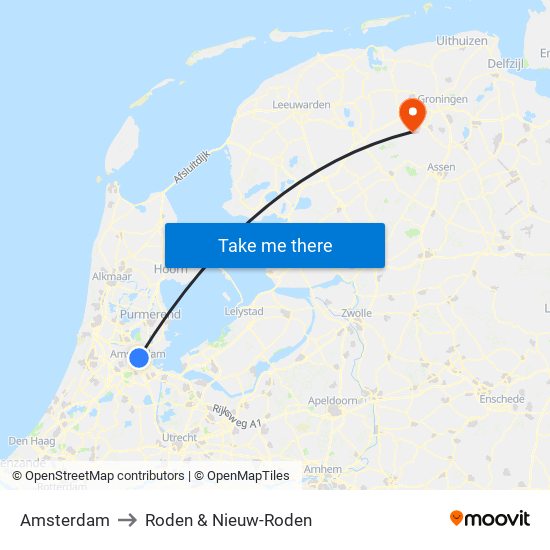 Amsterdam to Roden & Nieuw-Roden map