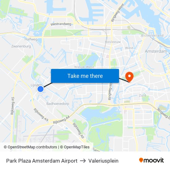 Park Plaza Amsterdam Airport to Valeriusplein map