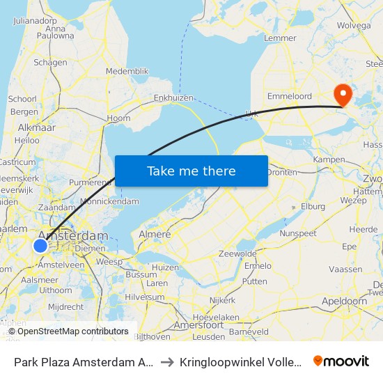 Park Plaza Amsterdam Airport to Kringloopwinkel Vollenhove map