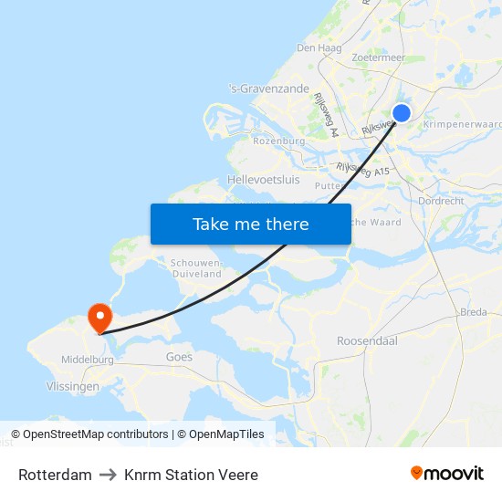 Rotterdam to Knrm Station Veere map