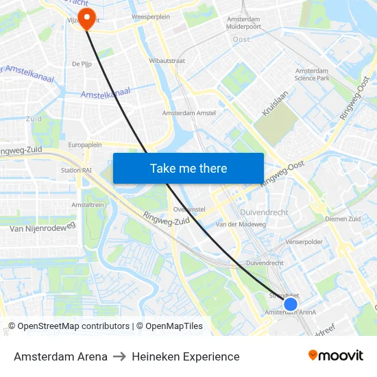 Amsterdam Arena to Heineken Experience map