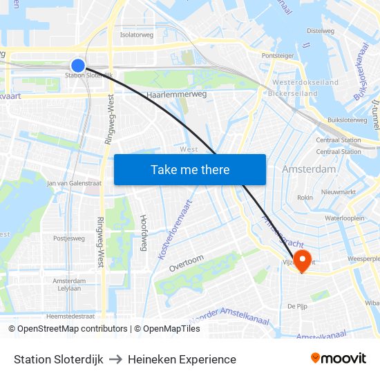 Station Sloterdijk to Heineken Experience map
