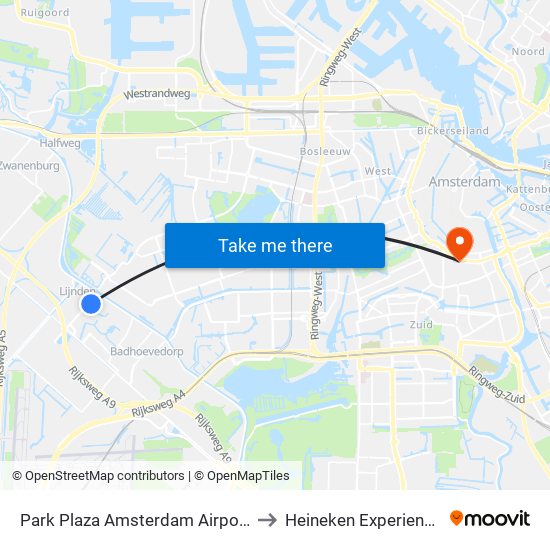 Park Plaza Amsterdam Airport to Heineken Experience map