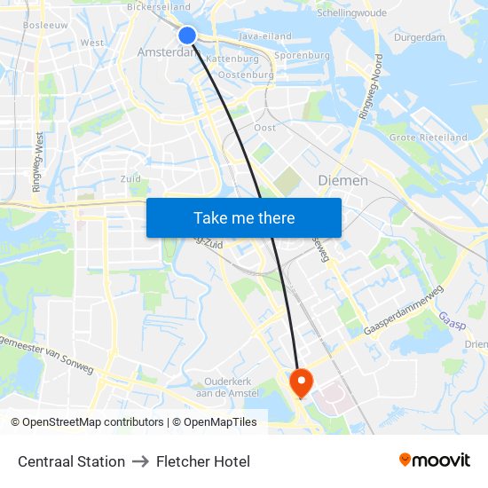 Centraal Station to Fletcher Hotel map