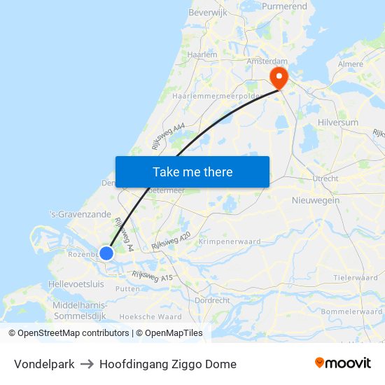 Vondelpark to Hoofdingang Ziggo Dome map