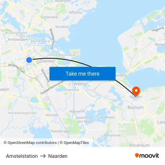 Amstelstation to Naarden map