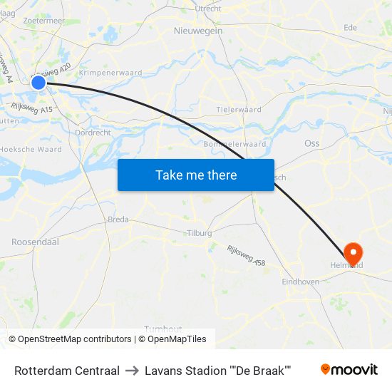 Rotterdam Centraal to Lavans Stadion ""De Braak"" map