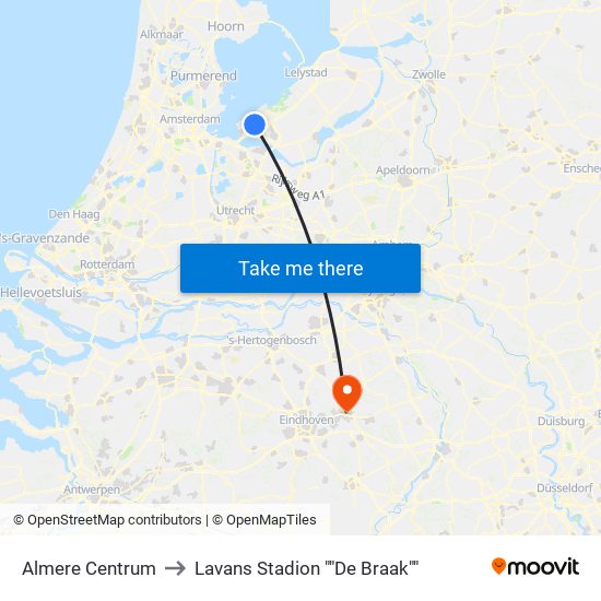 Almere Centrum to Lavans Stadion ""De Braak"" map