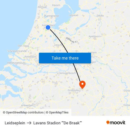 Leidseplein to Lavans Stadion ""De Braak"" map