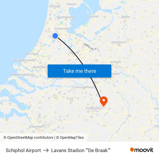 Schiphol Airport to Lavans Stadion ""De Braak"" map