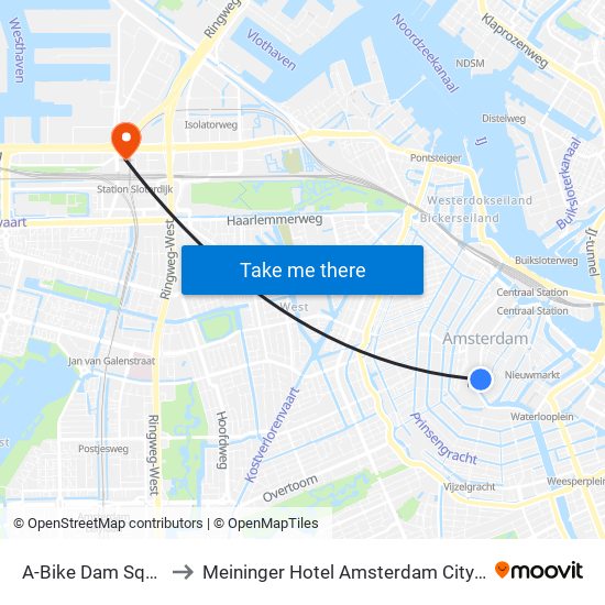 A-Bike Dam Square to Meininger Hotel Amsterdam City West map