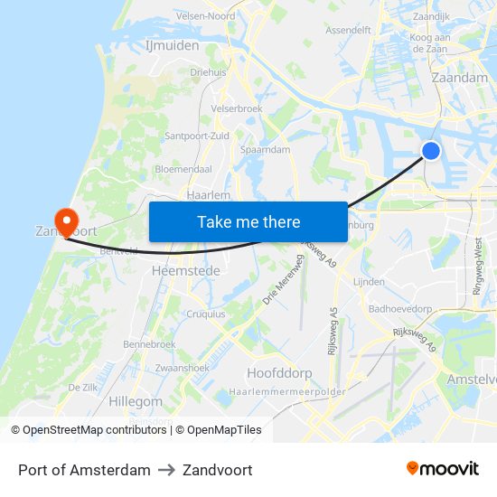 Port of Amsterdam to Zandvoort map