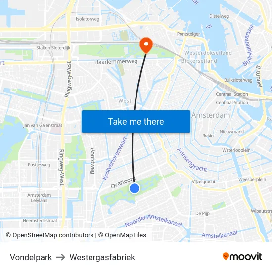 Vondelpark to Westergasfabriek map