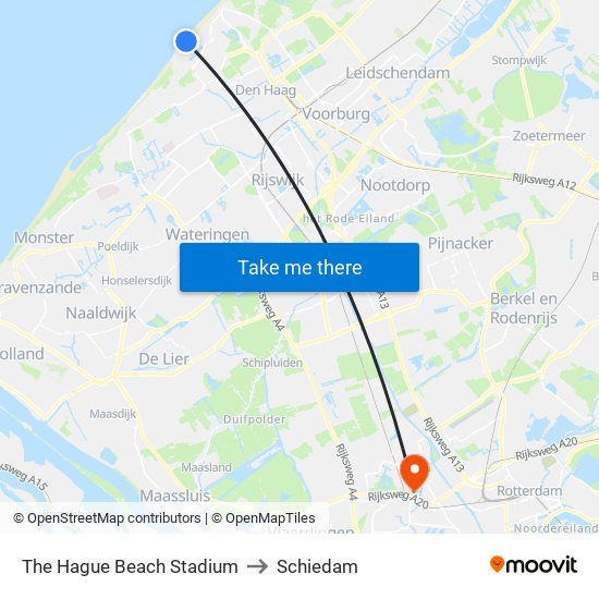 The Hague Beach Stadium to Schiedam map