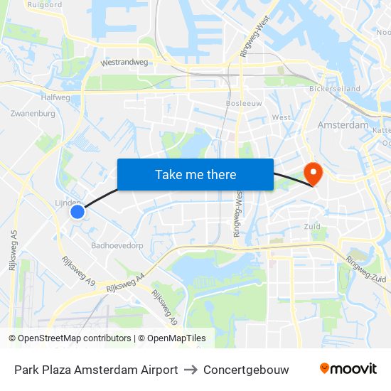 Park Plaza Amsterdam Airport to Concertgebouw map