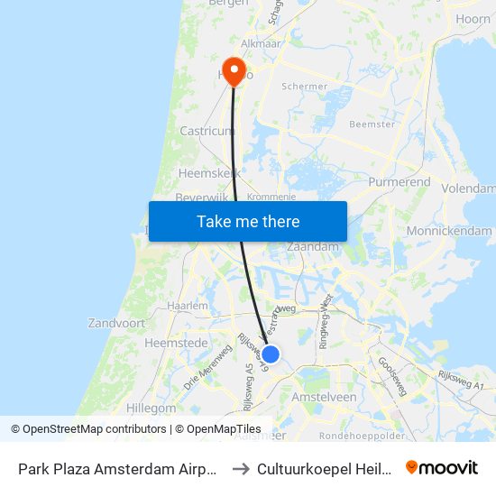 Park Plaza Amsterdam Airport to Cultuurkoepel Heiloo map