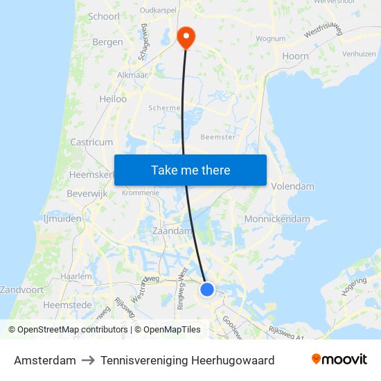 Amsterdam to Tennisvereniging Heerhugowaard map