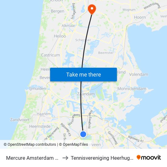 Mercure Amsterdam Airport to Tennisvereniging Heerhugowaard map