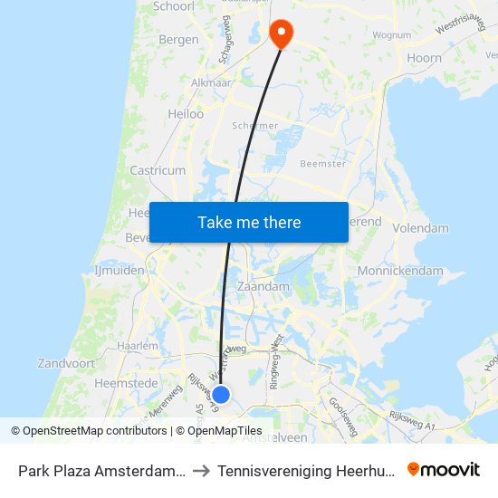 Park Plaza Amsterdam Airport to Tennisvereniging Heerhugowaard map