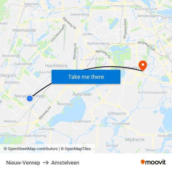 Nieuw-Vennep to Amstelveen map