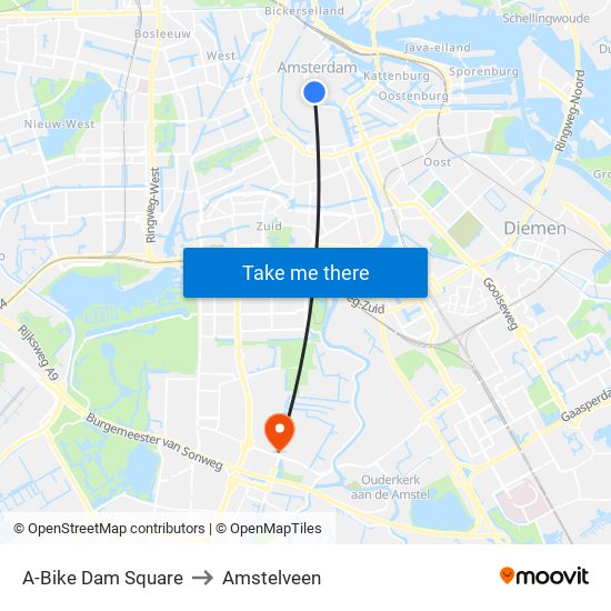 A-Bike Dam Square to Amstelveen map