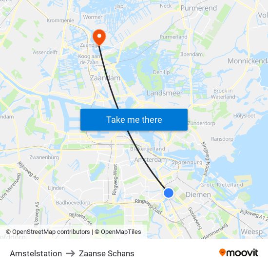 Amstelstation to Zaanse Schans map