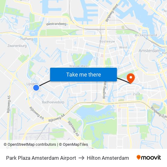 Park Plaza Amsterdam Airport to Hilton Amsterdam map
