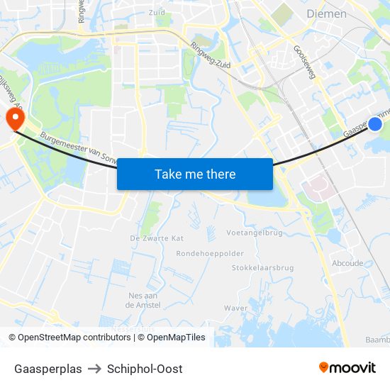 Gaasperplas to Schiphol-Oost map