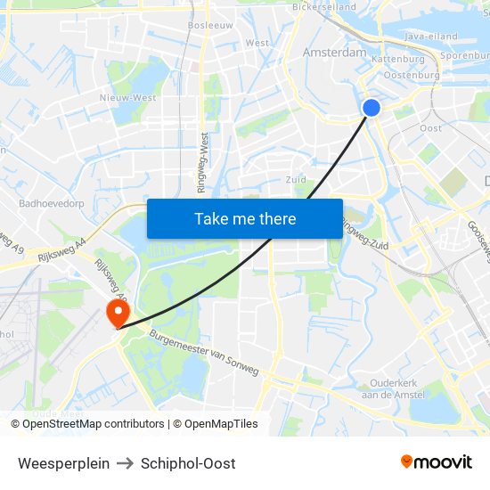 Weesperplein to Schiphol-Oost map