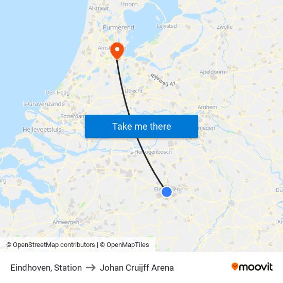 Eindhoven, Station to Johan Cruijff Arena map