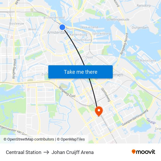 Centraal Station to Johan Cruijff Arena map