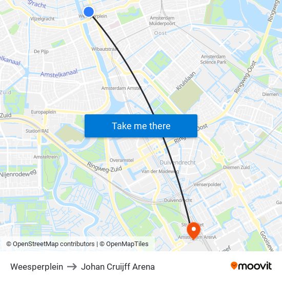 Weesperplein to Johan Cruijff Arena map