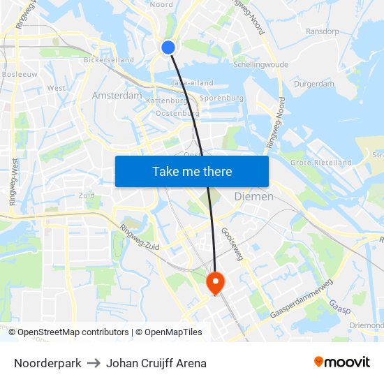 Noorderpark to Johan Cruijff Arena map