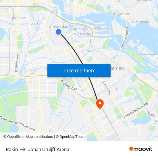 Rokin to Johan Cruijff Arena map