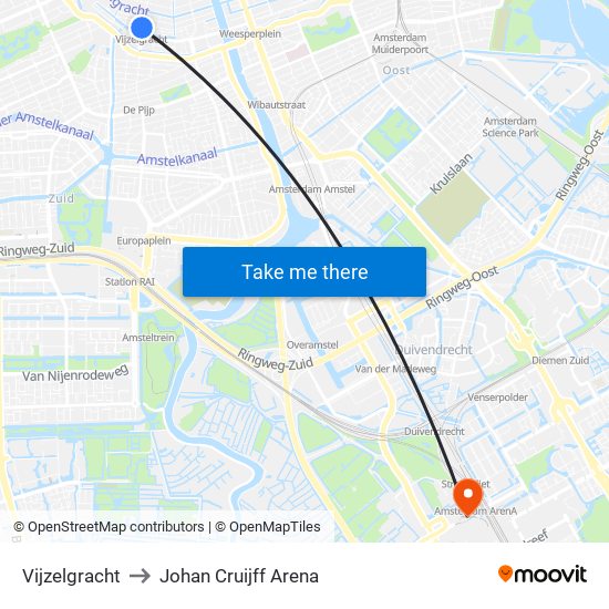 Vijzelgracht to Johan Cruijff Arena map