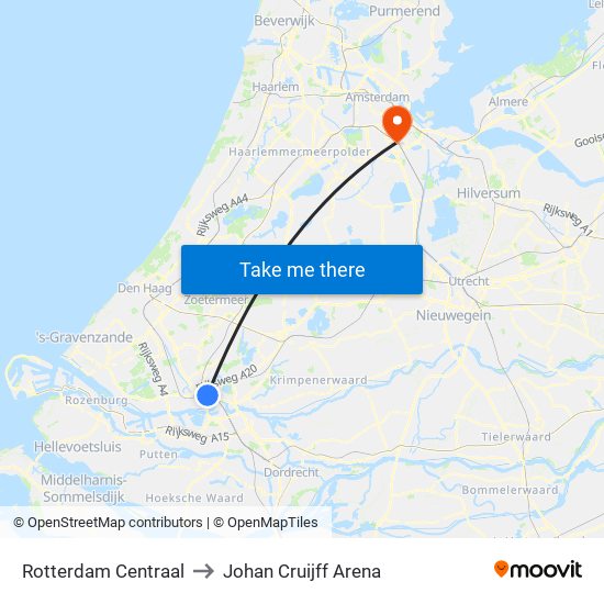 Rotterdam Centraal to Johan Cruijff Arena map