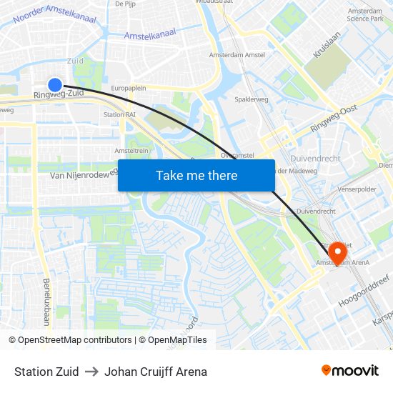 Station Zuid to Johan Cruijff Arena map