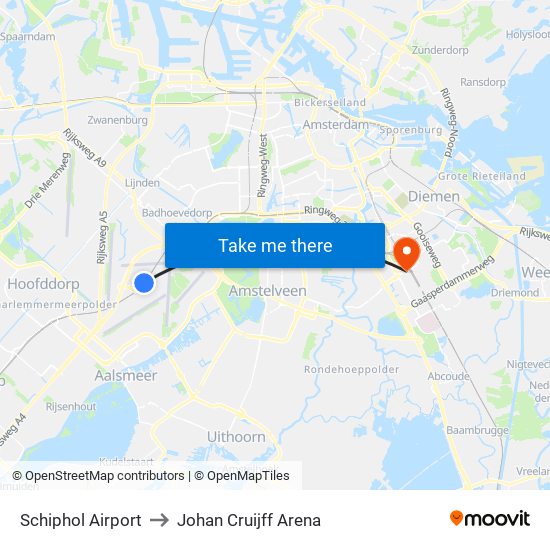 Schiphol Airport to Johan Cruijff Arena map