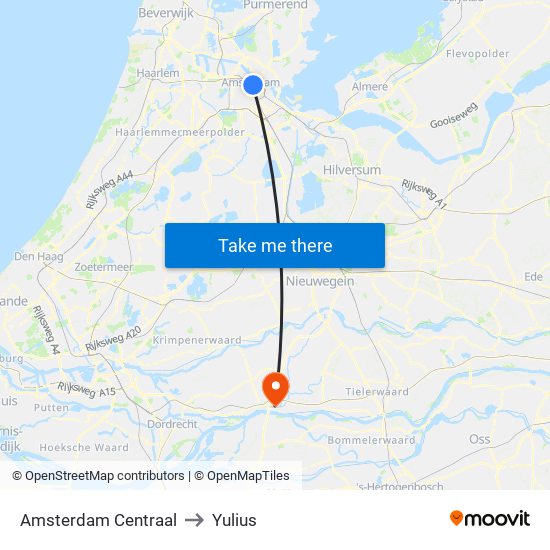 Amsterdam Centraal to Yulius map