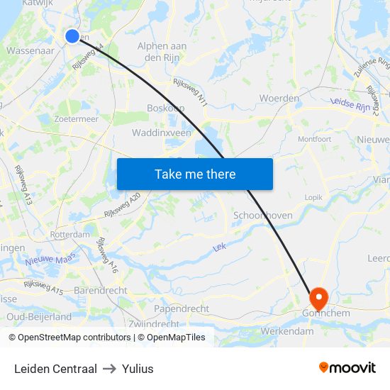 Leiden Centraal to Yulius map