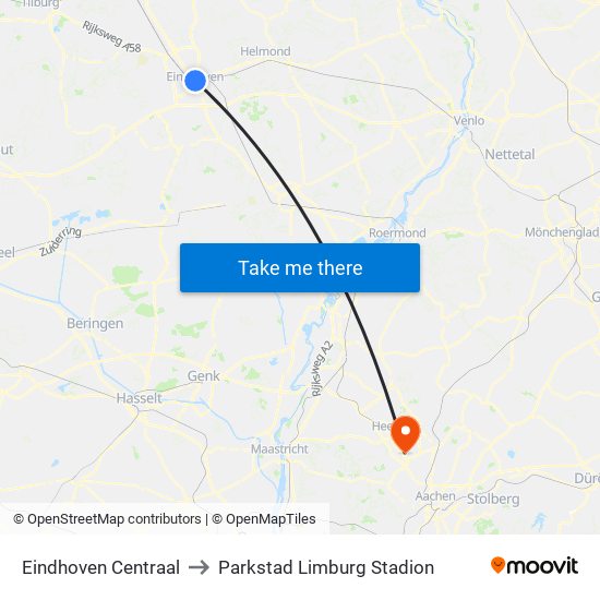 Eindhoven Centraal to Parkstad Limburg Stadion map