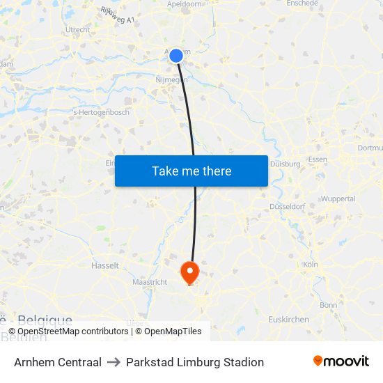 Arnhem Centraal to Parkstad Limburg Stadion map