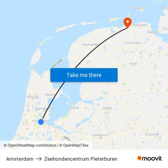 Amsterdam to Zeehondencentrum Pieterburen map