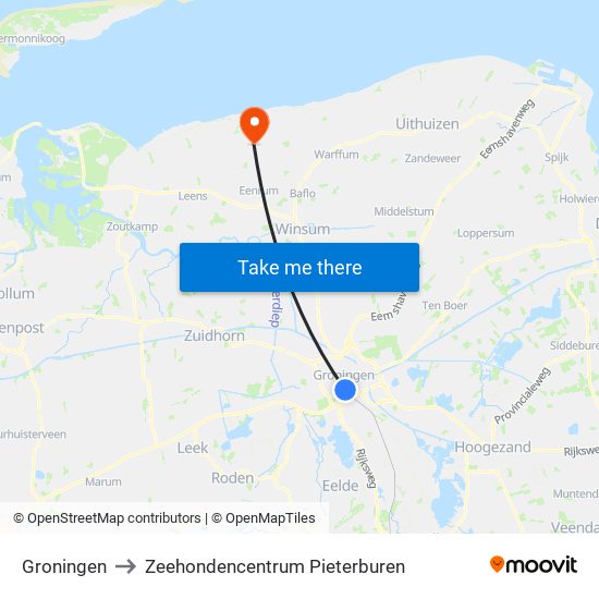 Groningen to Zeehondencentrum Pieterburen map