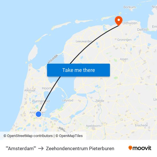 ""Amsterdam"" to Zeehondencentrum Pieterburen map